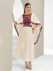 Al Najma Đầm dự tiệc kiểu Ả Rập thanh lịch, cổ tròn, phối màu, thiết kế áo choàng, thắt eo, dành cho nữ. - Màu Khaki - Xem 8