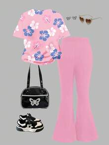 2件套 女童休闲柔粉色可爱甜美趣味卡通蓝兔印花宽松圆领短袖T恤和喇叭裤，适合春夏穿着 - 彩色 - 查看 3