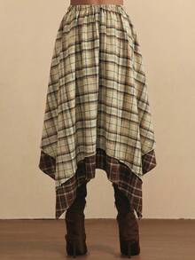 NYA SZN Skirt High Rise Loose Tie Knot Plaid Red Yellow Grunge Holiday Festival Winter Special Occasion Elegant Luxury Outfits For Women - Khaki - View 7