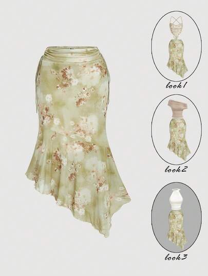 SHEIN MOD Vintage Green Blurred Floral Print Drawstring Irregular Hem Skirt – 70s Style, Western Wear, Vintage Court, Garden Tea Party, Date, Party, Women's Summer And Spring Wear, Spring Break, Vacation, Picnic, Festival, Birthday Outfit.Light Green Floral Skirt Asymmetric Hem Soft Drape Watercolor Print Ruched Waist Side Drawstring Detail Flowing Silhouette Sheer Overlay Delicate Blossom Pattern Romantic Style Gentle Flare Smooth Texture Feminine Curves Pastel Tones Lightweight Fabric Dreamy Appearance Vintage-Inspired Elegant Touch Graceful Lines