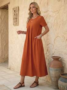 Faunlyn Summer Casual Solid Color Double Pocket Short Sleeve Dress - Rust Brown - View 5