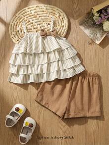 Cozy Pixies 2pcs Baby Girl Vacation Striped Ruffle Layered Camisole Top And Elastic Waist Shorts Set - Khaki - View 7