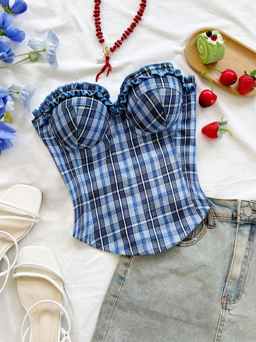 Soleia Women's Summer Casual Vacation Style Patterned Print Frill Trim Fitted Criss-Cross Back Tube Top - Blue - View 1