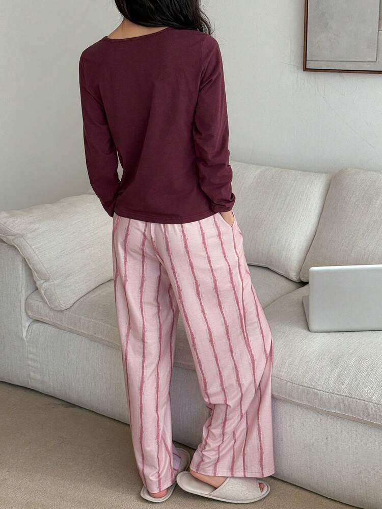 2pcs Knit Top With Striped Print & Matching Allover Print Pajama Pants Set For Women