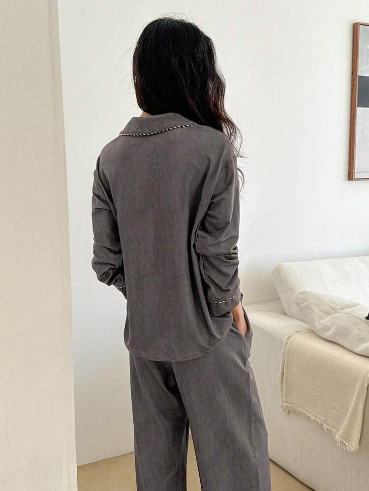 Women's Simple Knit Contrast Stripe Decor Pajama Set