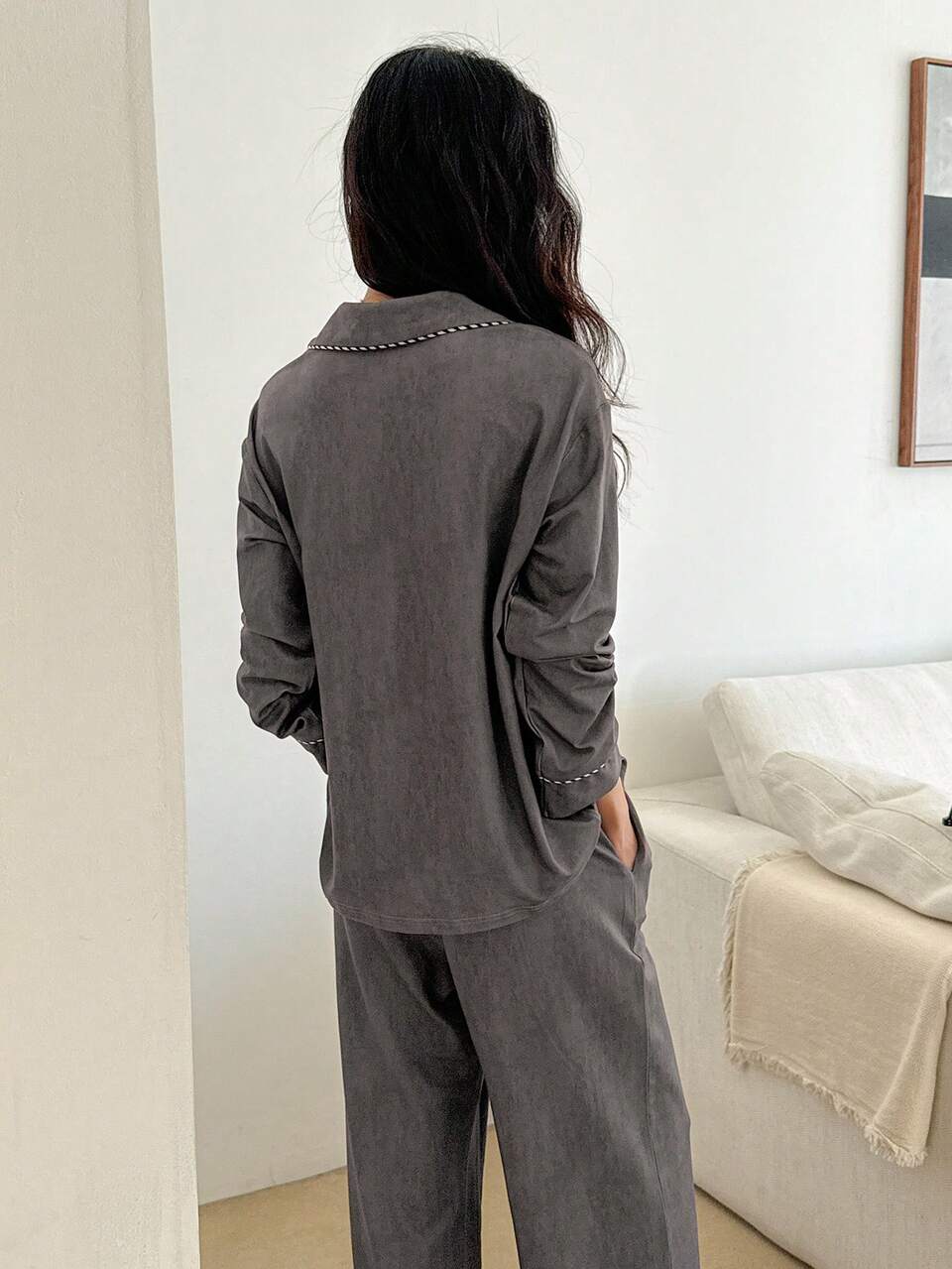 Women's Simple Knit Contrast Stripe Decor Pajama Set