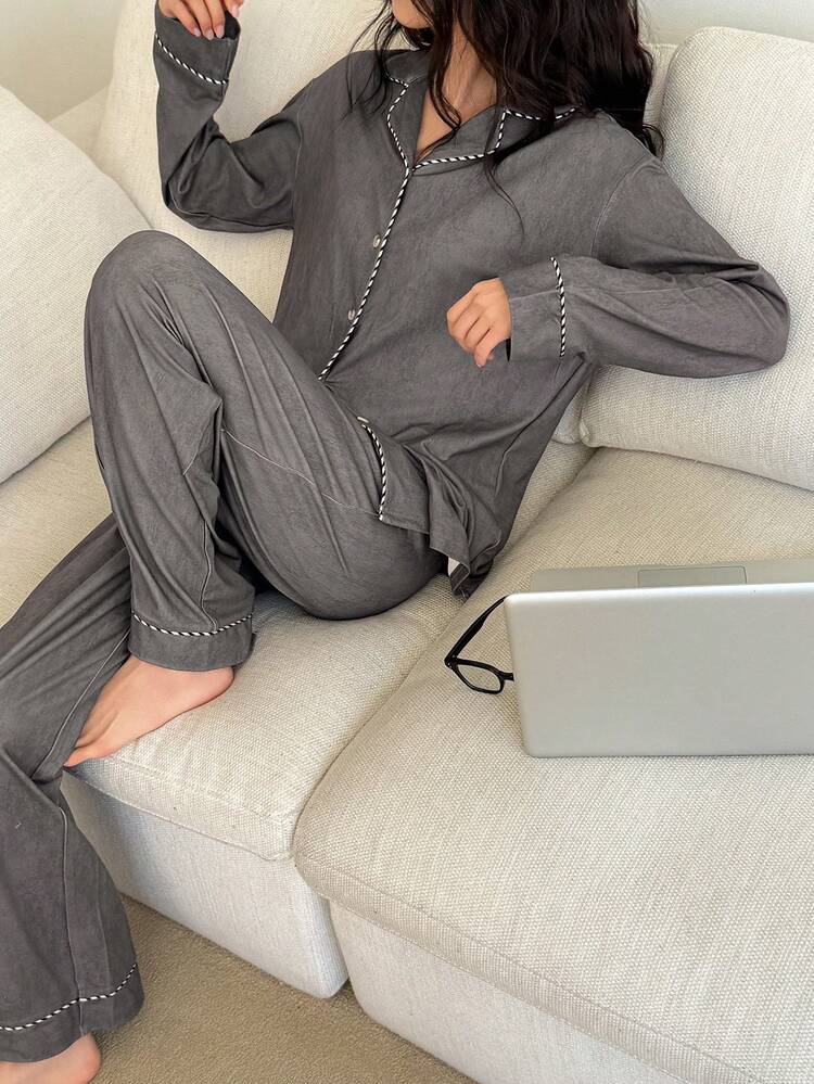 Women's Simple Knit Contrast Stripe Decor Pajama Set
