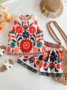 Travachic KIDS Bộ áo hai dây và quần short in hoa trang trí nơ cho bé gái tuổi teen, thích hợp cho kỳ nghỉ thường ngày. - Nhiều màu - Xem 2