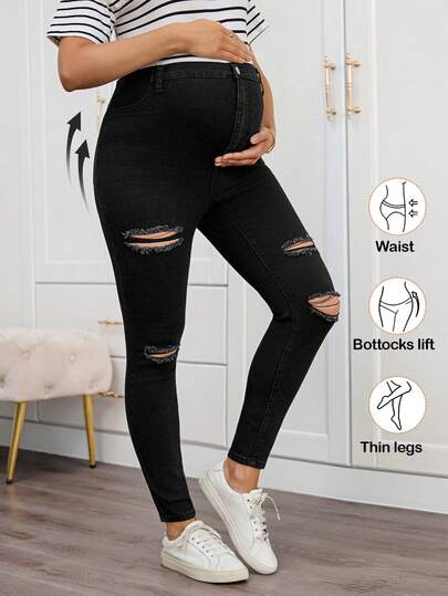 SHEIN Maternity Pocket Distressed Skinny Casual Versatile Jeans Spring To Summer Carnival Costume Commuting Vacation Graduation Chic Y2k Cute Streetwear Party Wedding Elegant Business Casual Woman Fashionable Black Ripped Maternity Jeans For Women Pregnancy Slim Fit Denim Pants With Support BLACK
