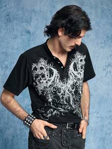 ROMWE MEN Goth Men's Casual Henley Neck Printed Short Sleeve T-Shirt, Summer - Black - View 6