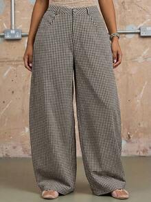 COUREZ Unisex Women Men Low Rise Baggy Barrell Fit Check Trousers Cotton - Coffee Brown - View 4