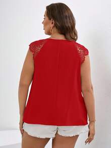 SHEIN Clasi Plus Size Women's Elegant Solid Color Notched Neck Blouse, Summer - Red - View 2