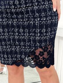 SHEIN Clasi Plus Size Lace Patchwork Fitted Elegant Lace Knee-Length Skirt, Summer - Navy Blue - View 5