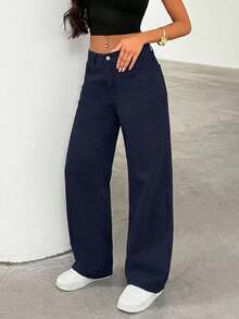 EURMUSE Jeans casual e versatili a vita alta e gamba dritta di colore unito - Blu Navy - Visualizzare 4