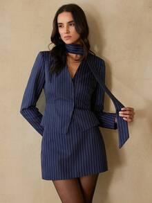 Revavyn 两件套藏蓝色条纹系带露背休闲套装裙，优雅女士办公室通勤装 - 藏蓝色 - 查看 5