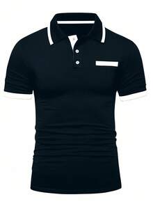 Manfinity Mode Áo Polo nam tay ngắn phối màu tương phản, kiểu dáng thường ngày, thích hợp đi làm. - Màu xanh hải quân - Xem 3