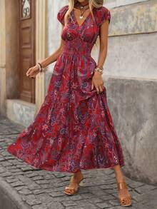 Brillora Women's Burgundy V-Neck Pleated Waist Cinched Boho Maxi Dress,Summer Holiday Vacation Bohemian Floral Wedding Guest Outfit,Elegant Short Sleeve Dress - Red - View 8