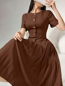 Heiryn Solid Button Front Pleated Hem Dress - Rust Brown - View 1