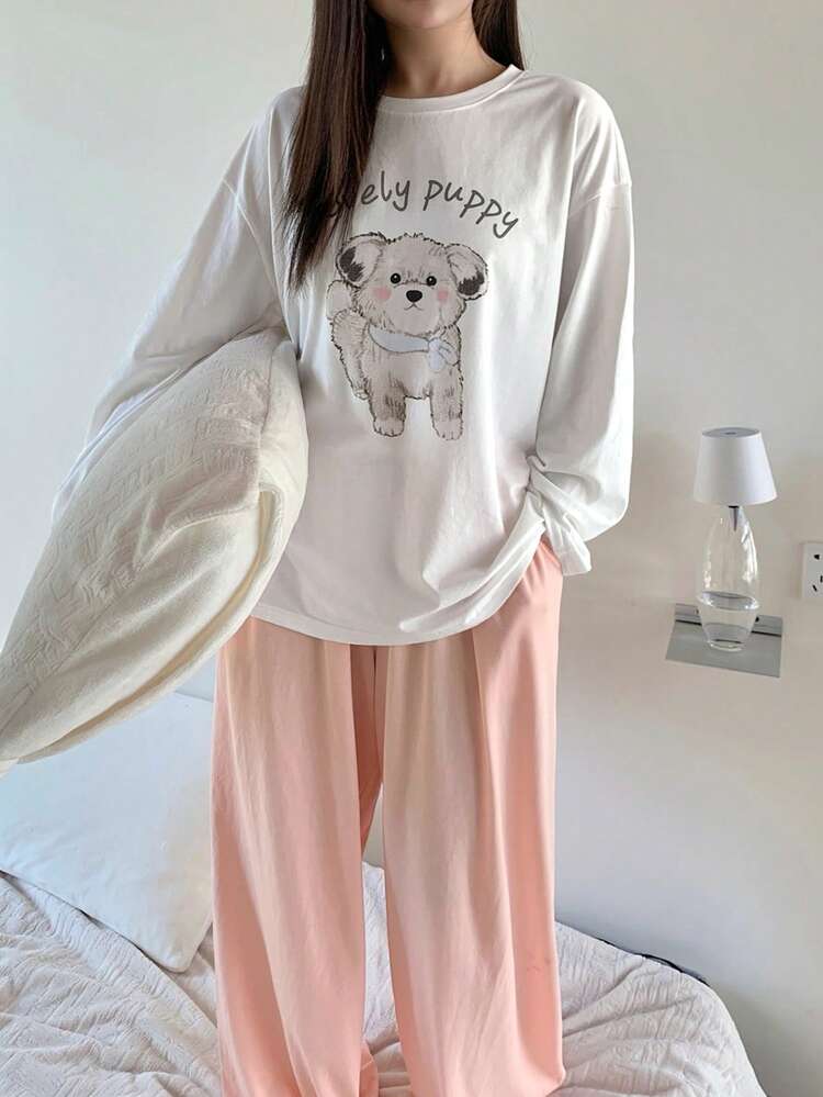 Dazy Plus Plus Size Women Cute Graphic Print Loose Long Sleeve Top And Straight Leg Pants Pajama Set, Spring/Summer/Autumn