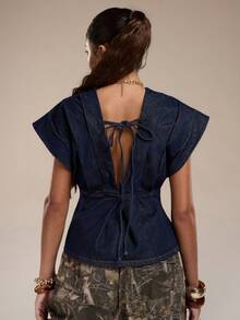 Normani Women Pleated Off Shoulder Backless Denim Top - Dark Wash - View 2