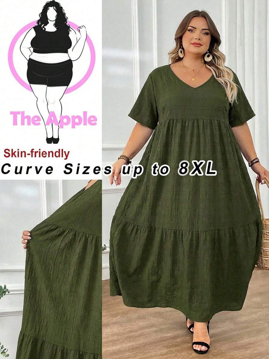 SHEIN CURVE+ Váy Maxi Đi Biển Cỡ Lớn Phong Cách Boho Mùa Hè/Đồng Quê/Trang Phục Kỳ Nghỉ Biển/Trang Phục Bãi Biển/Trang Phục Bãi Biển - Màu xanh lá cây đậm - Xem 1