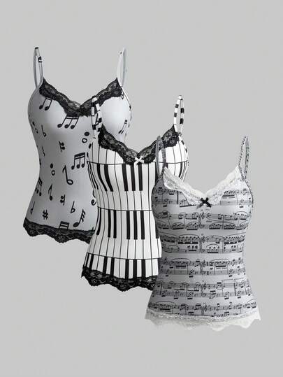 ROMWE Y2K Vintage Music Note & Piano Keyboard Print Bodycon Lace Trim Camisole 3 Pieces Set