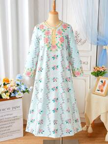 Tween Girls Vintage Floral Pattern Elegant V-Neck Gold Embroidery Print Trim Dress, Light Green - Multicolor - View 7