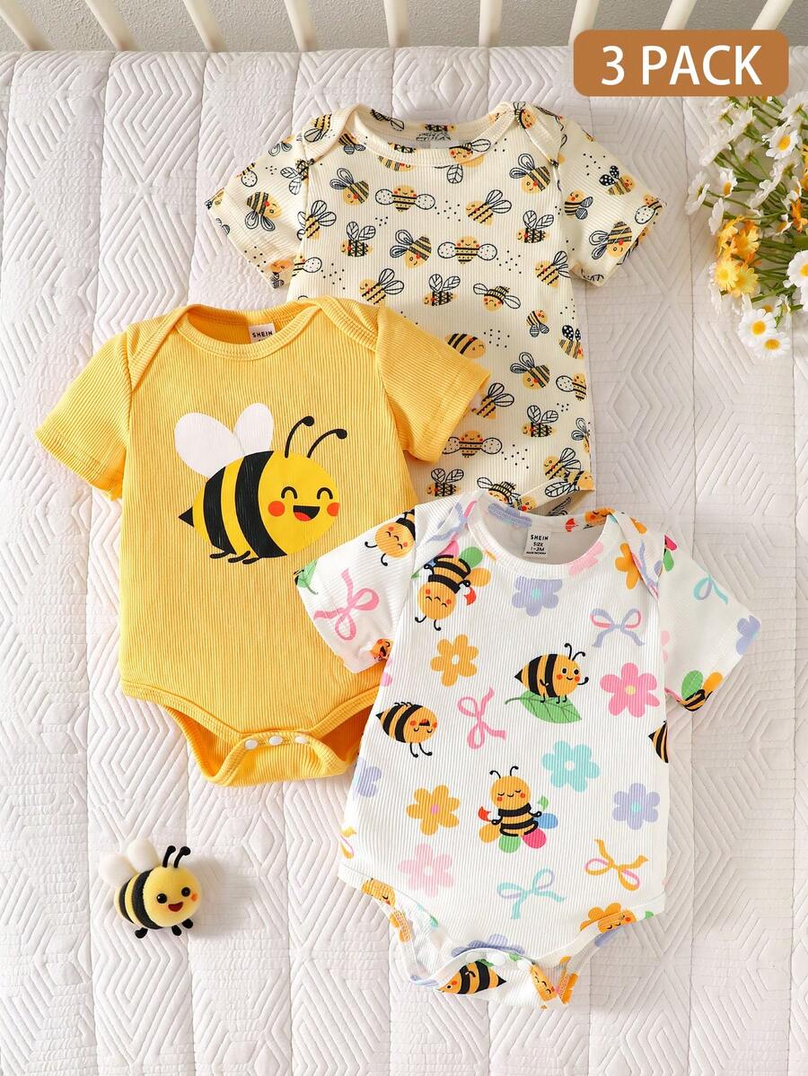SHEIN Bộ áo liền quần tay ngắn in hình hoạt hình chữ cái cho bé gái sơ sinh mùa hè, màu trắng mơ và nâu, bộ ba món quà tặng đơn giản cho gia đình. - Màu vàng - Xem 1