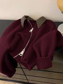 SHEIN Frenchy 复古拼接领短款开衫毛衣 - 2 色可选，女士秋冬服装，美拉德针织开衫，高端仿皮领双拉链针织开衫外套 - 酒紅色 - 查看 8