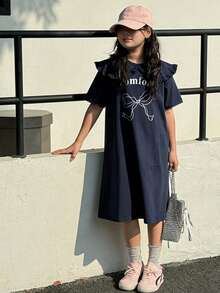 DAZY 少女字母蝴蝶结印花花瓣袖休闲宽松迷你连衣裙 - 藏蓝色 - 查看 5