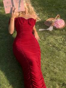 SHEIN MOD Red Ruched Off-Shoulder Long Dress – Garden Tea Party, Date, Party, Women's Summer And Spring Dress, Beachwear, Spring Break, Vacation, Picnic, Festival, Birthday Outfit.Deep Red Ruched Midi Dress Off-Shoulder Sleeves Bodycon Fit Sweetheart Neckline Gathered Details Elegant Silhouette Draped Bodice Slim Cut Dramatic Style Feminine Curves Sophisticated Design Textured Appearance Soft Sheen Sculpted Waist Evening-Inspired Look Classic Charm Rich Hue Romantic Touch Refined Finish Alluring Shape,Summer Holiday Outfits, Vacation Outfits , Carnival Costume , Valentines Day Outfit  , Valentine Outfits For Women , Summer Outfits , Spring Break Outfits - Red - View 5