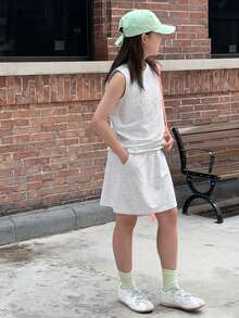 DAZY 2件套少女夏季新款圆领针织蝴蝶结印花无袖T恤和裙子套装 - 淺灰色 - 查看 5