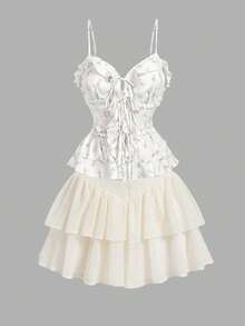 SHEIN MOD White Fabric Camisole Top, Delicate Floral Print, Pastel Pink And Blue Flowers, Adjustable Spaghetti Straps, Ruffled Edges, Front Lace-Up Detail, Peplum Hem, Lightweight Material, Breathable Texture, Soft Feel, Fitted Silhouette, Feminine Style - White - View 5