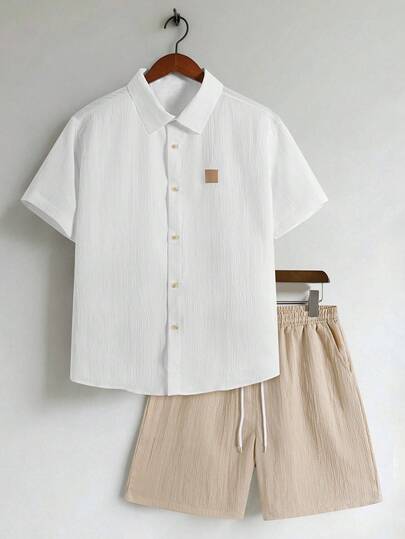 TOKVUE 男士纯色简约短袖衬衫和短裤套装，适合日常穿着