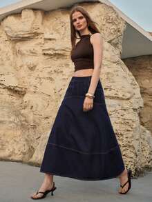 MOTF PREMIUM WOMEN'S FASHION SLANT POCKET DENIM SKIRT - Navy Blue - View 7