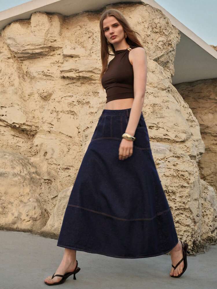 WOMEN'S FASHION SLANT POCKET DENIM SKIRT