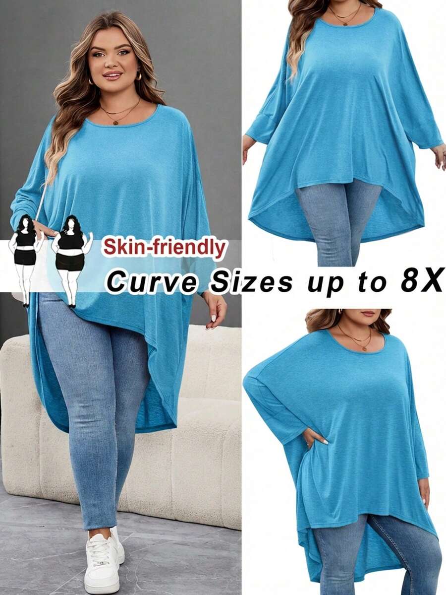 SHEIN CURVE+ Áo thun cỡ lớn dáng rộng, vạt cánh dơi bất đối xứng, trước ngắn sau dài, cổ tròn, màu trơn, co giãn, mềm mại, thoải mái, đa năng, thời trang, mặc hàng ngày cho nữ, mùa thu, CURVE PLUS/Thu/Đông - Màu xanh nhạt - Xem 1