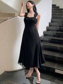 DAZY 女士露背优雅迷人时尚返校礼服舞会礼服优雅吊带裙婚纱女士连衣裙长裙 - 黑色 - 查看 3