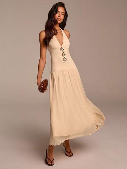 COSMINA Women's Long Dress, V-Neck Sleeveless Ladies Dress, Metal Buckle Decor, Knitted Stretchy Fabric, Women's Wedding Guest Dress, Wedding Dress, Apricot Ladies Dress, Elegant Women's Dress, Summer Ladies Dress, Date Dress, Party Dress