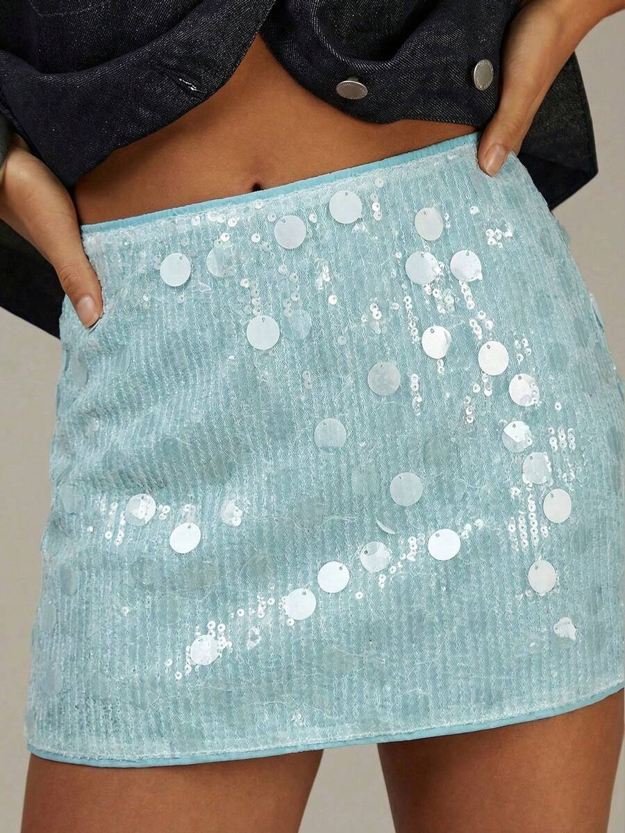 Athîral Women's Solid Color Sequin Fashionable Short Skirt, Summer - Mint Green - View 1