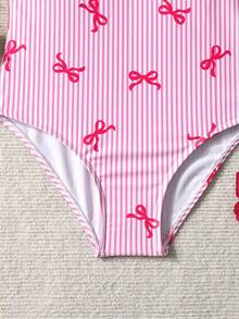 SHEIN Tween Girl Butterfly Striped Print 3D Floral One-Piece Swimsuit, Pink - Baby Pink - View 5