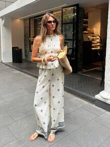 Serisse Women's Mandarin Collar Sleeveless Ruffle Hem Allover Print 2 Pieces Set, Summer - White - View 4