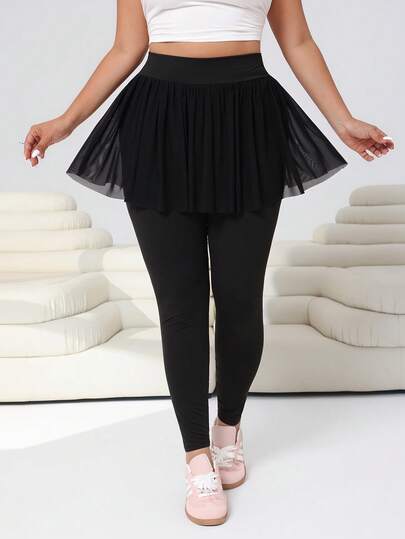 Solflare Plus Size Women Solid Color Mesh Patchwork Ruffle Hem 2 In 1 Leggings, Spring/Summer