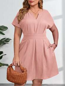 SHEIN Clasi 大码纯色V领系带优雅夏季连衣裙 - 粉色 - 查看 7