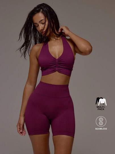 Musera Sport 2PCS Halterneck Ruched Front Sports Bra Multi-Pack Active Workout Gym Pilates Fitness Daily Casual Smoky Quartz