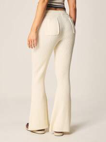 MISSGUIDED High Waist Ribbed Knit Flare Leg Pants With Back Patch Pockets For Casual Fall Spring Everyday Wear - Beige - View 2