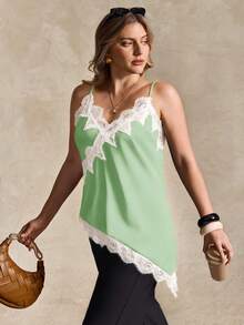 Elegantrix Plus Size Women Urban Casual Lace Asymmetric Hem V-Neck Patchwork Solid Color Short Camisole - Mint Green - View 5