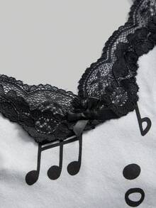 ROMWE Bộ 3 món áo hai dây ôm sát người, viền ren, in hình nốt nhạc và bàn phím piano phong cách Y2K cổ điển. - Nhiều màu - Xem 5