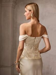 MOTF PREMIUM WOMEN'S OFF-SHOULDER GOWN WITH RUCHED CHEST ACCENTS, GOLDEN JACQUARD DETAILS – IDEAL FOR WEDDINGS, GALA DINNERS, AWARD CEREMONIES & COCKTAIL PARTIES - Gold - View 3