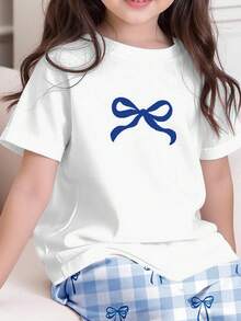 Conjunto de blusa feminina casual minimalista de manga curta com gola redonda e calça folgada, estampa xadrez azul com laços, ideal para o verão. - Multicolorido - Ver 3